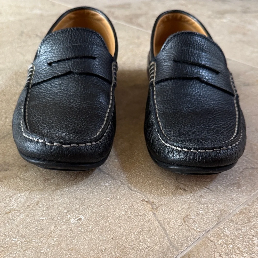 Austen Heller Black Pebble Leather Penny Loafers with Tan Insole
